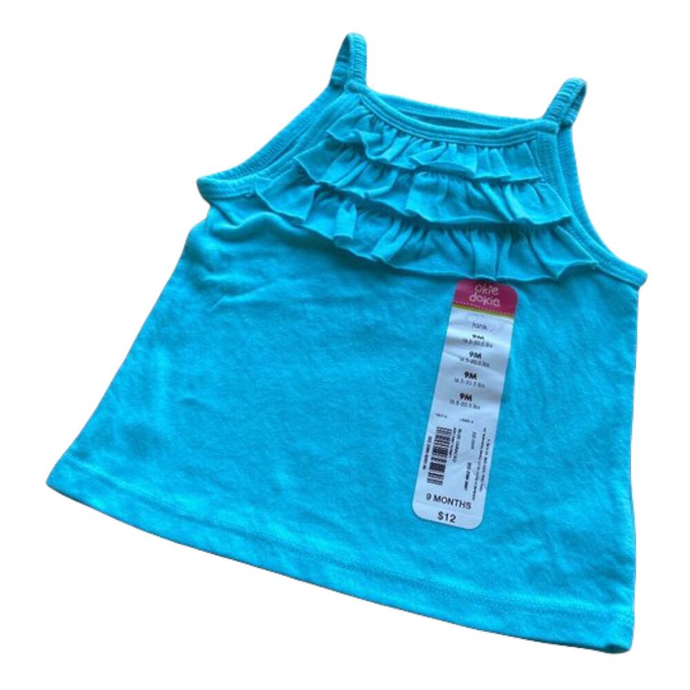 Okie Dokie Girls Tank‎ Top Size 9 Months Blue Curacao Ruffle Neck NEW